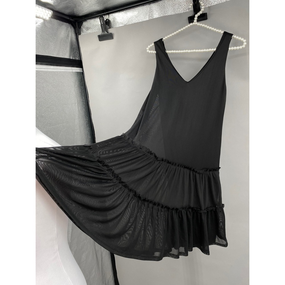 Mikey & Joey Dress Womens XS Black Mesh Tiered Ruffle V-Neck Mini Whimsigoth